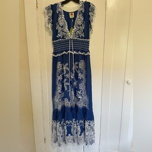 FARM Rio Blue Maxi Dress with White Lace Romantic Richelieu size xl
